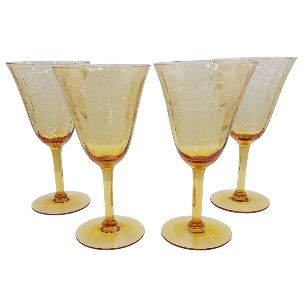 Vintage Amber Glass Wine Goblets With Etched Floral Design Set of 4 MCM